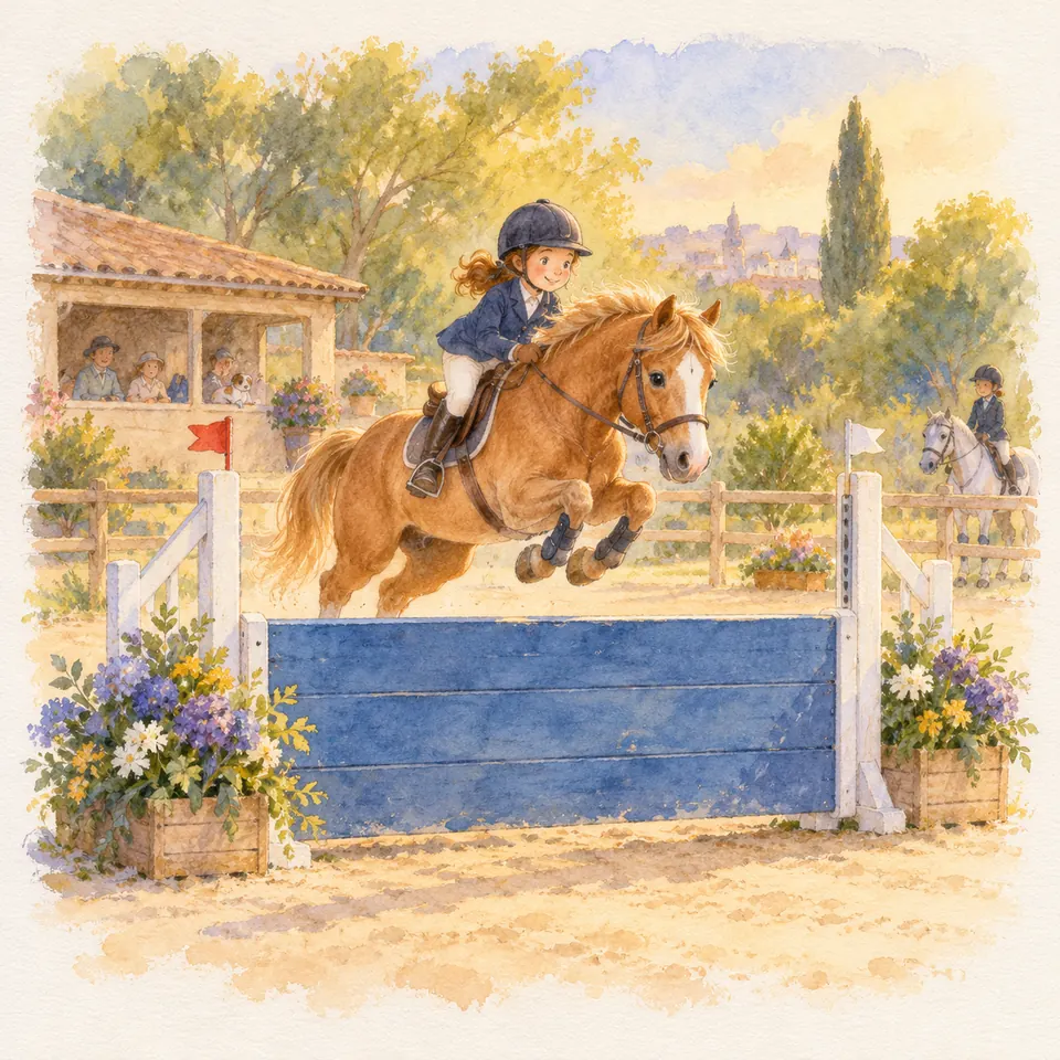 Une cavalière sur un cheval alezan saute une palanque composée de planches bleues dans une carrière