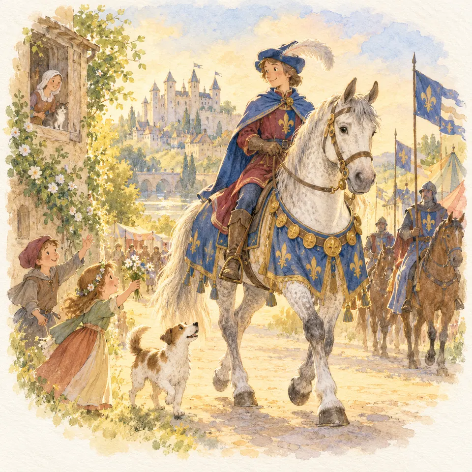 Un cavalier en cape monte un cheval gris paré d’un caparaçon bleu à fleurs de lys dans une rue près d’un château