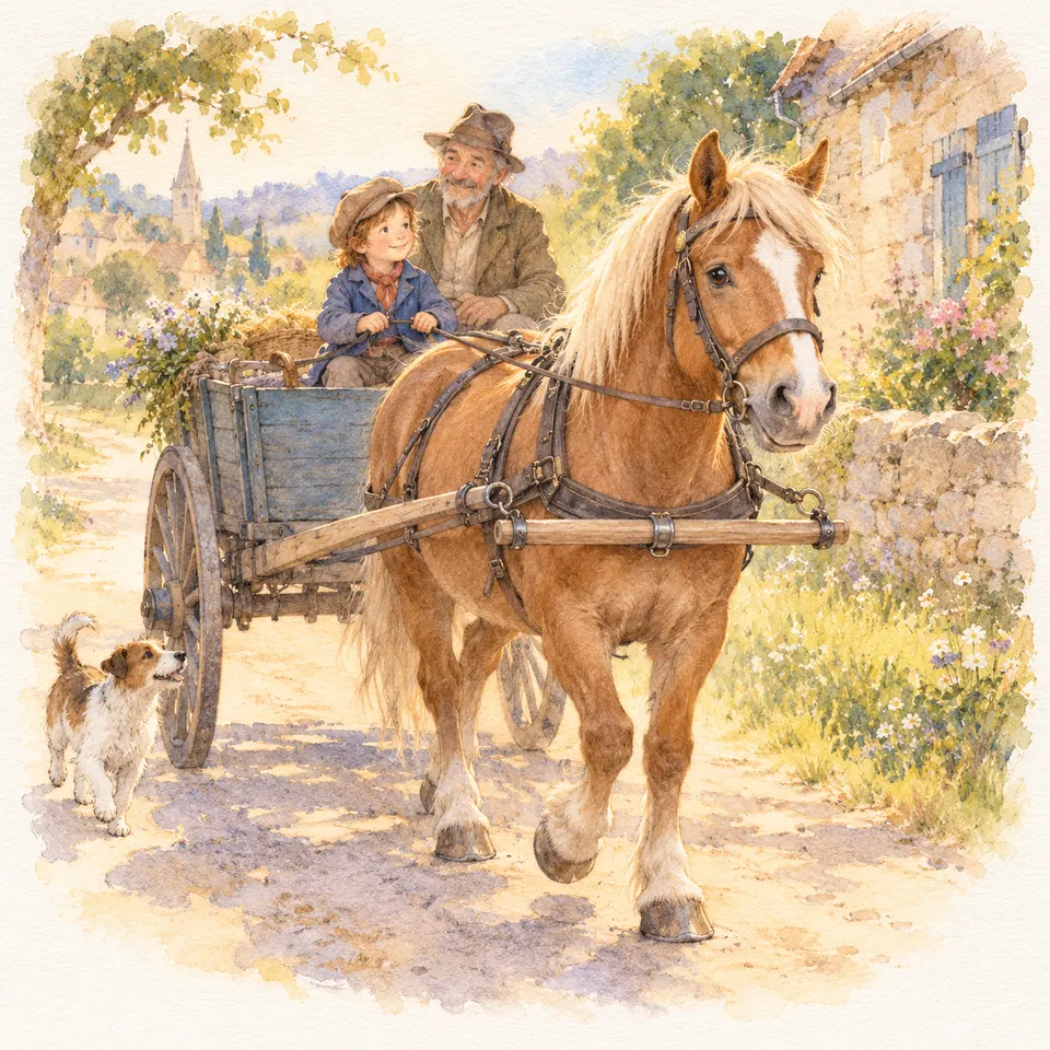 Un cheval alezan aux crins blonds tire une charrette où sont assis un homme et un enfant sur un chemin de village