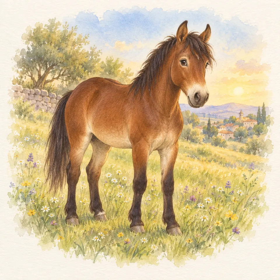 Un cheval bai pangaré, au museau et au ventre plus clairs, se tient dans une prairie fleurie près d’un muret