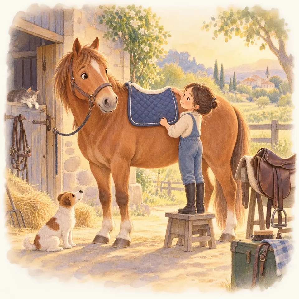 Un enfant debout sur un marchepied ajuste un tapis bleu sur le dos d’un poney alezan devant l’écurie