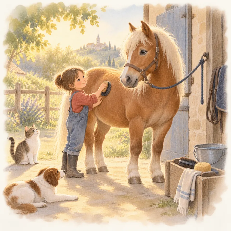 Un enfant brosse l’épaule d’un poney alezan aux crins blonds, attaché devant l’écurie, près d’une boîte de pansage