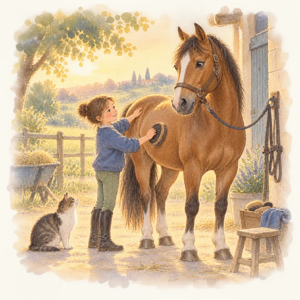 Un enfant passe une brosse sur le flanc d’un cheval bai attaché devant l’écurie, tandis qu’un chat reste à ses pieds