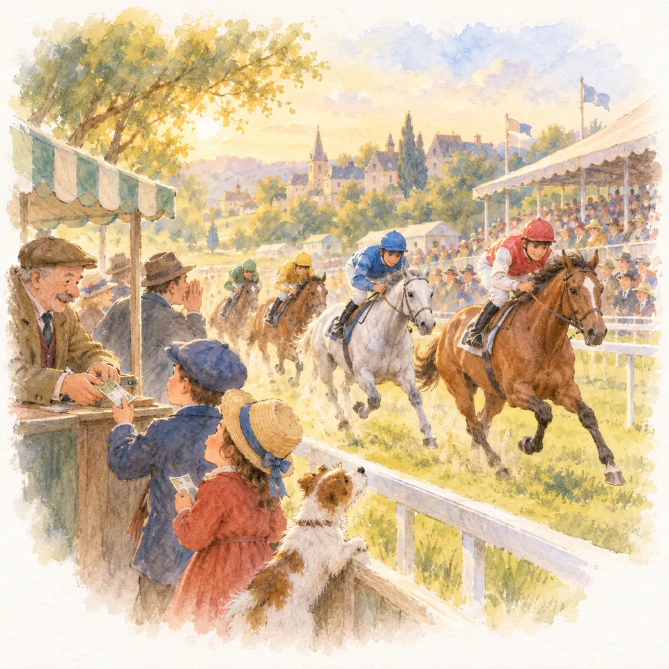 Des jockeys montés sur des chevaux bai et gris courent devant les tribunes, tandis que des spectateurs se pressent au guichet