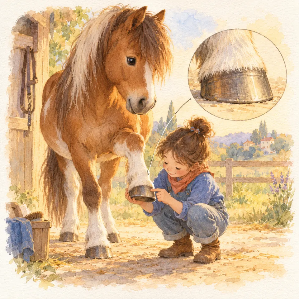 Une enfant accroupie soutient le sabot d’un poney alezan et touche sa paroi devant l’écurie