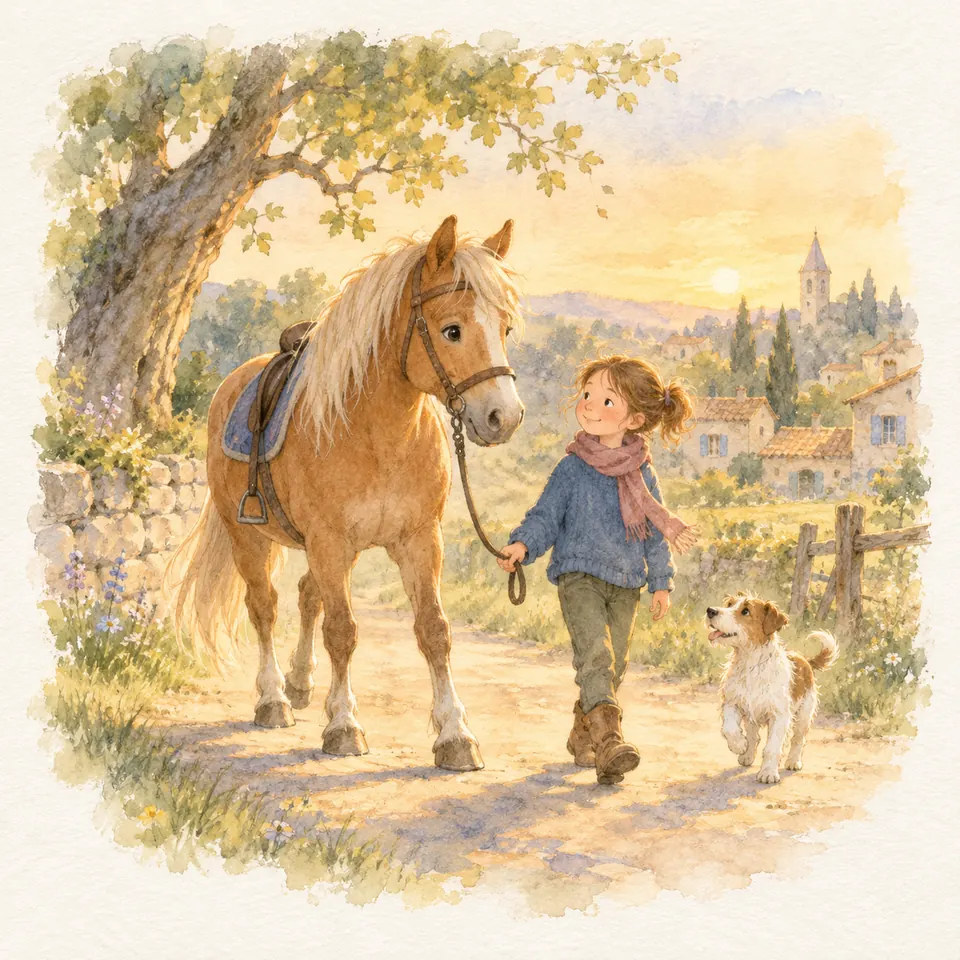 Une enfant mène un poney alezan sellé au pas sur un chemin bordé d’un muret, accompagnée d’un chien