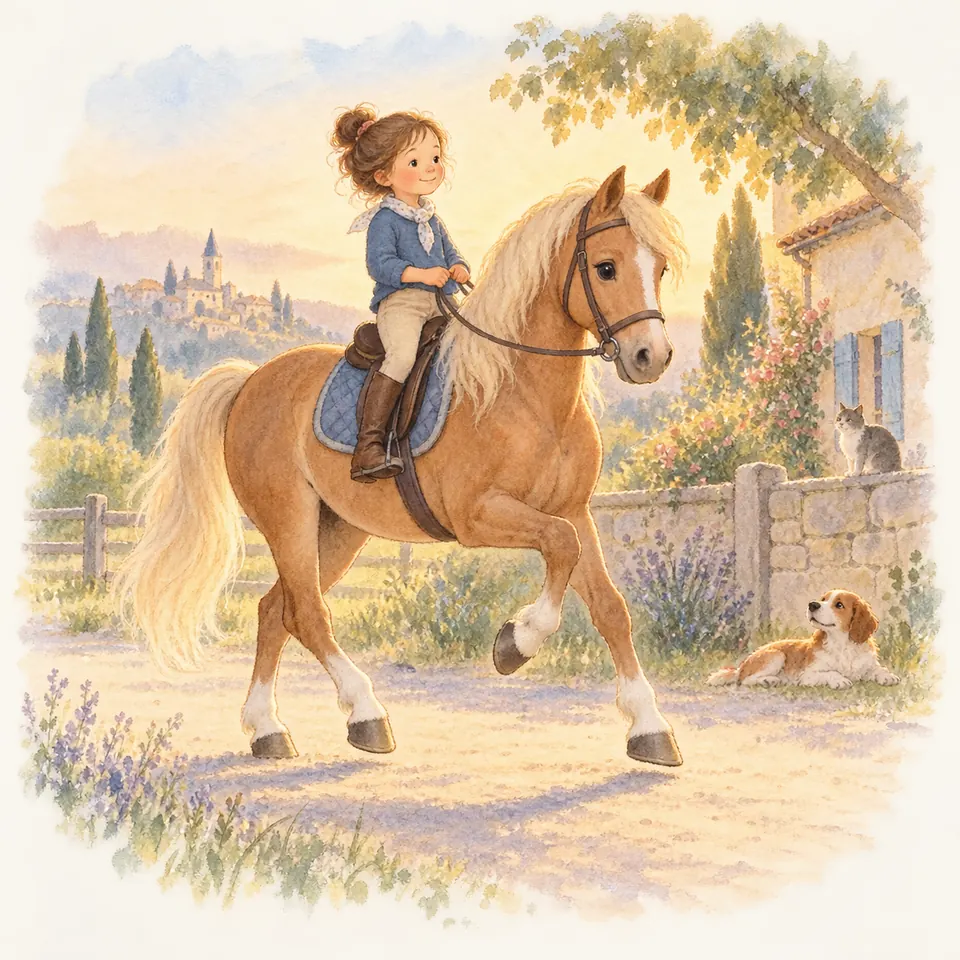 Une enfant monte un poney alezan qui relève haut un antérieur sur un chemin, près d’un muret et d’une maison