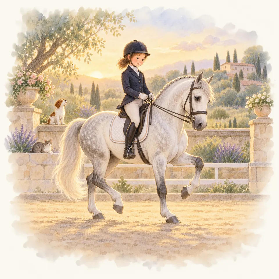 Une cavalière en tenue de dressage monte un cheval gris au passage, un antérieur haut levé, dans une carrière