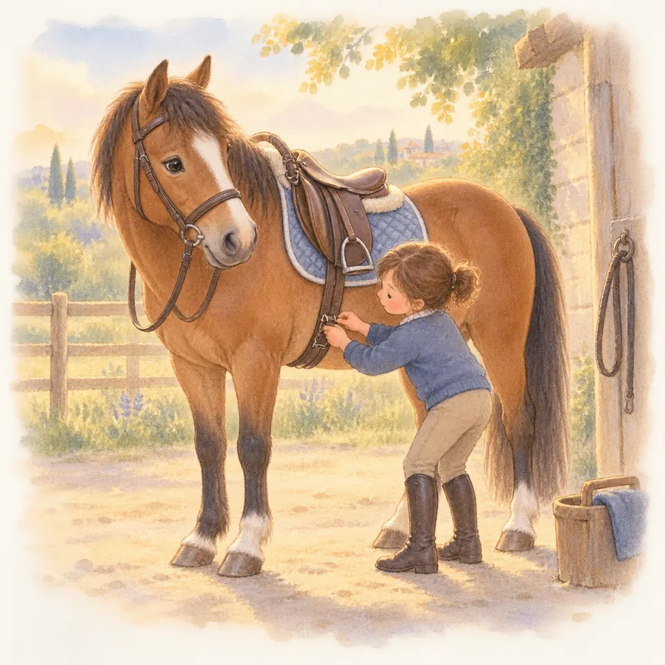 Une enfant ajuste la sangle d’un poney bai sellé, derrière ses antérieurs, devant l’écurie