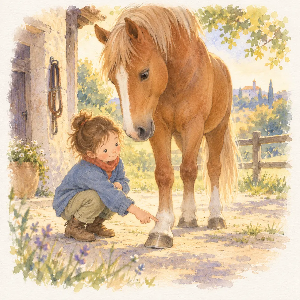 Une enfant accroupie désigne le paturon blanc d’un poney alezan debout devant l’écurie