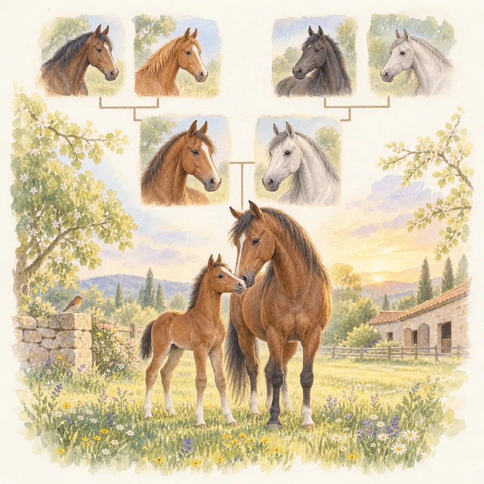 Un cheval bai et un poulain se tiennent au pré, sous un arbre généalogique reliant des portraits de chevaux
