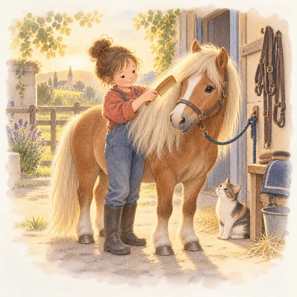 Une enfant passe un peigne dans la longue crinière d’un poney palomino attaché devant une écurie