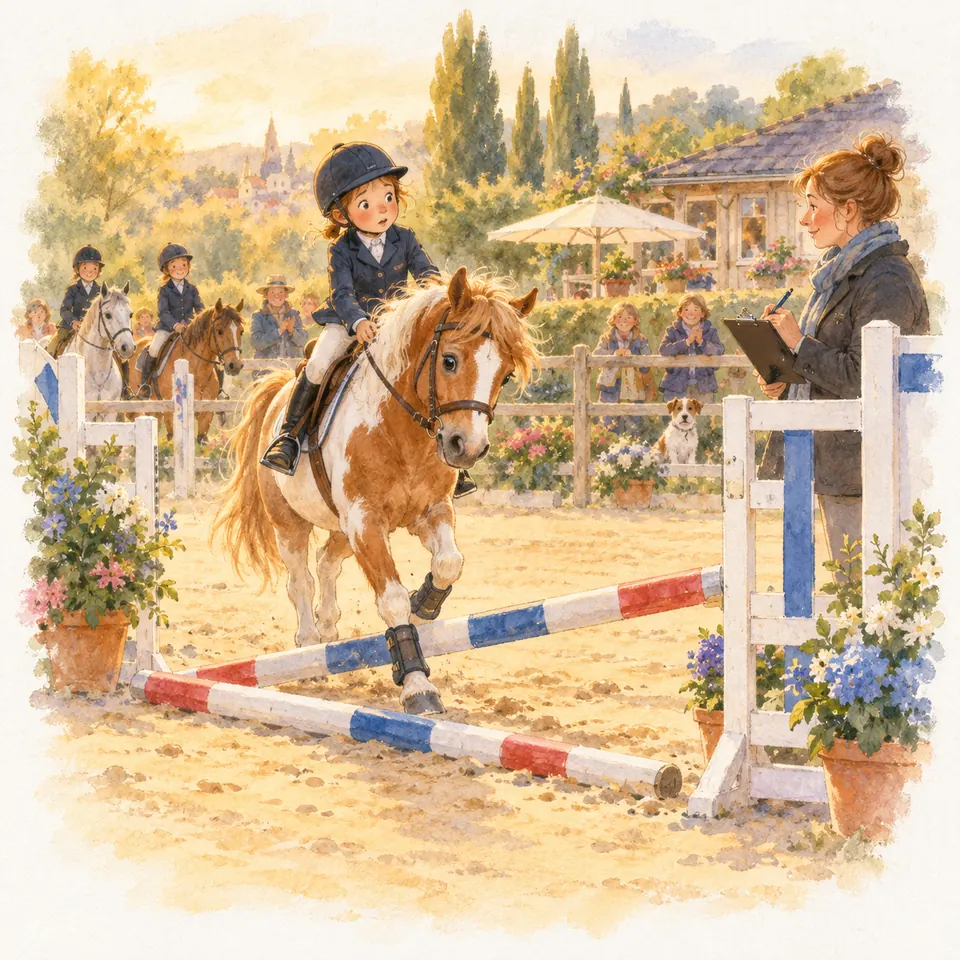 Une jeune cavalière sur un poney pie franchit un obstacle dont une barre est au sol, près d’une femme qui prend des notes
