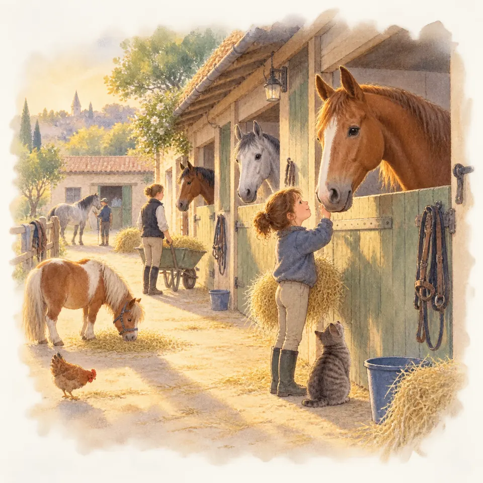 Une enfant caresse un cheval alezan à la porte de son box, dans une cour où un poney pie broute près du foin