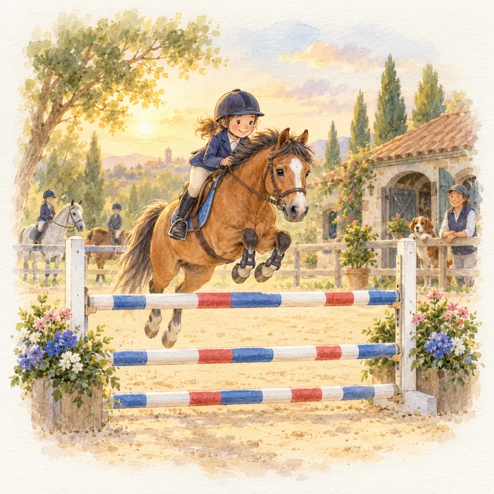 Une jeune cavalière sur un poney bai saute un obstacle à trois barres bleues, blanches et rouges dans une carrière