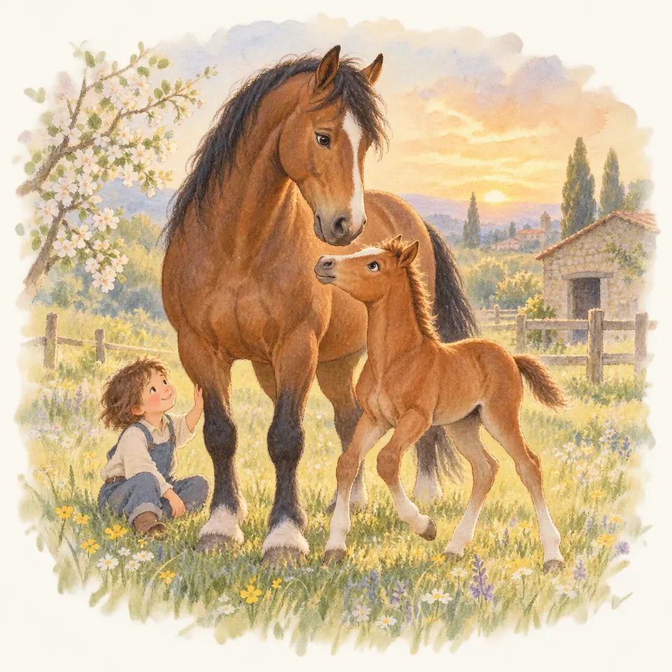 Un cheval bai se tient près d’un poulain alezan dans un pré fleuri, avec une enfant assise à ses pieds