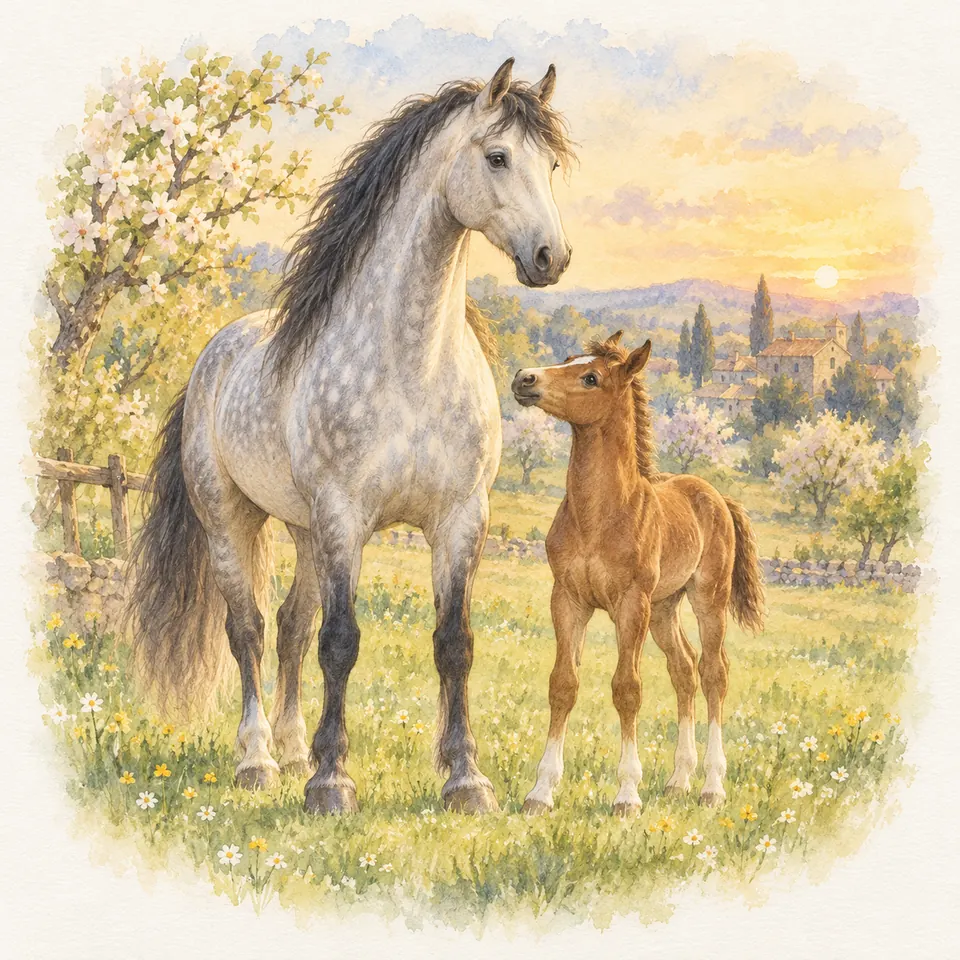 Un cheval gris pommelé se tient à côté d’un poulain alezan dans un pré fleuri bordé d’une clôture en bois