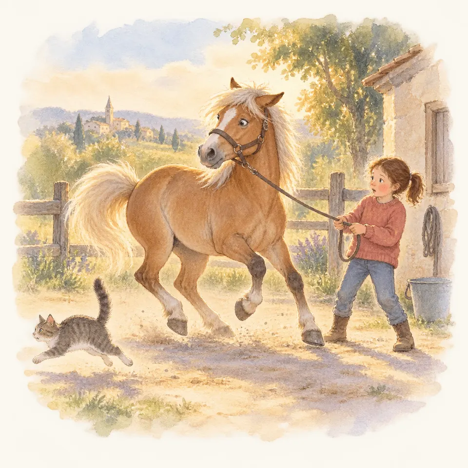 Un poney palomino lève les antérieurs au passage d’un chat, tandis qu’une enfant retient sa longe près de l’écurie