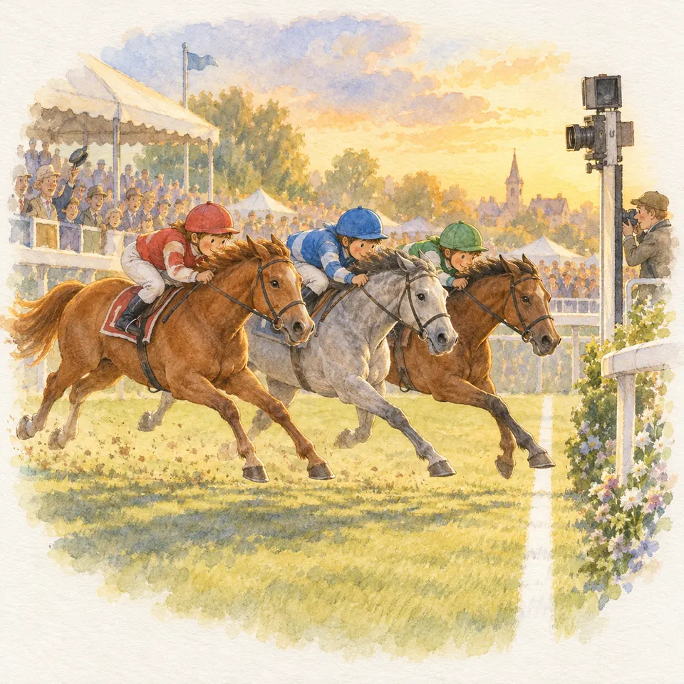 Trois chevaux montés par des jockeys franchissent ensemble la ligne d’arrivée, près d’une caméra de photo-finish
