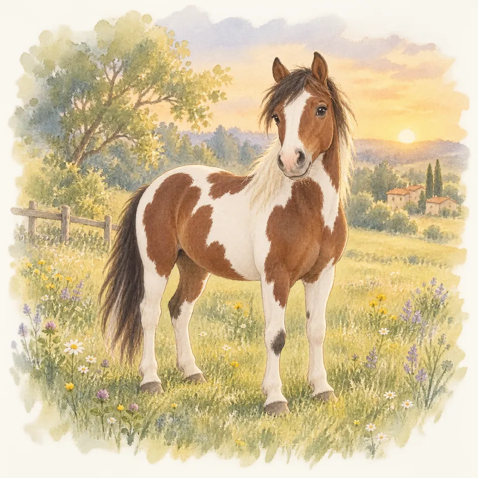 Un cheval pie bai se tient dans un pré fleuri, avec de larges plages blanches sur le corps et une crinière sombre