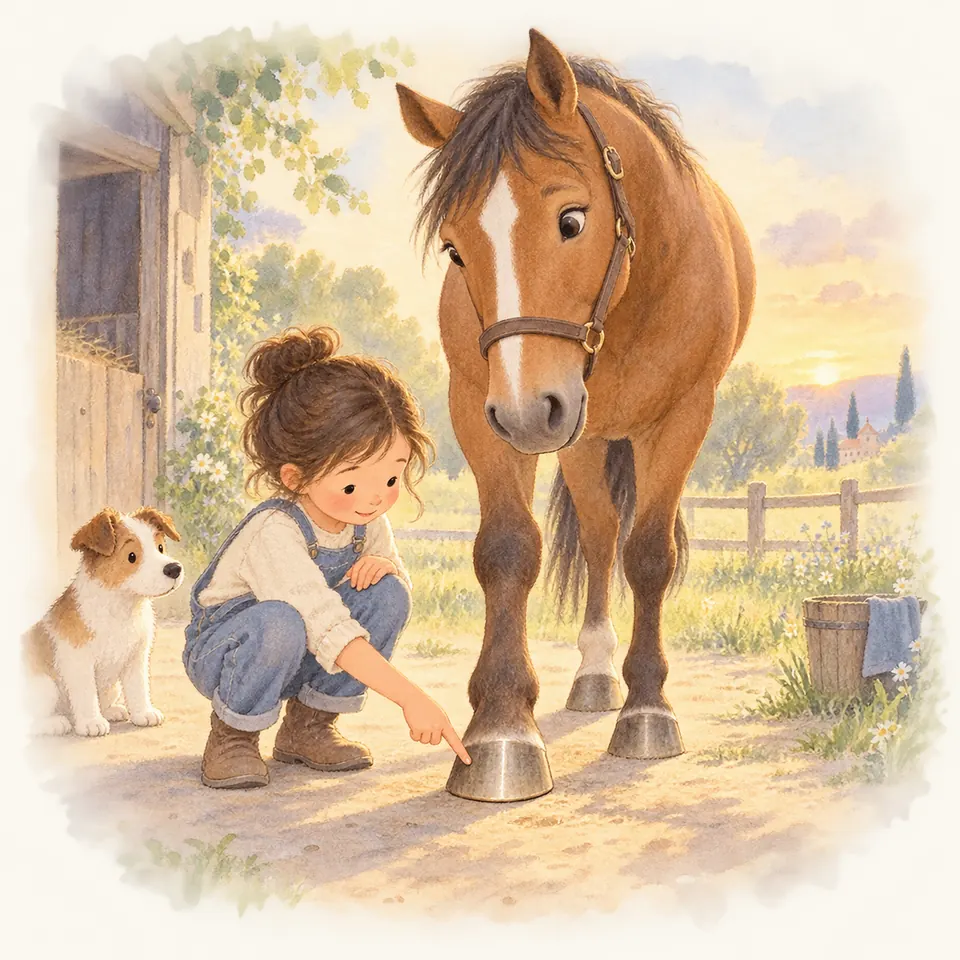 Une enfant accroupie montre du doigt la pince du sabot d’un cheval bai, près de l’écurie et d’un petit chien