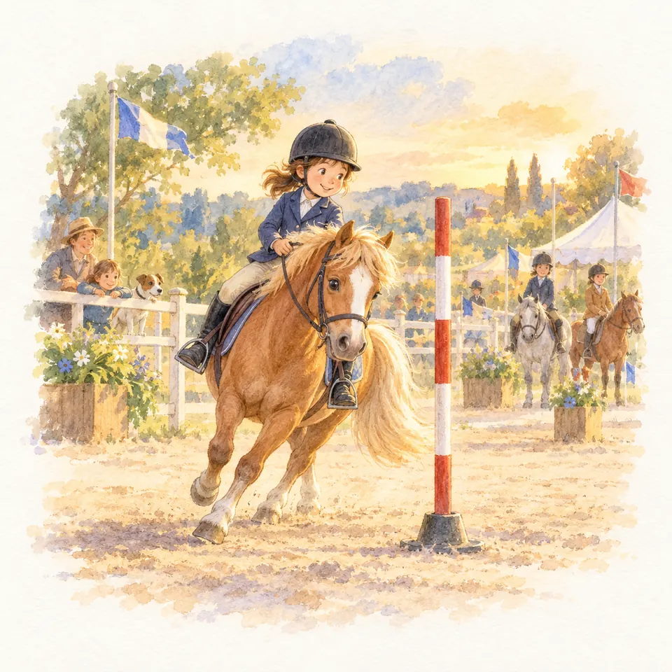 Une jeune cavalière sur un poney palomino contourne un piquet rouge et blanc sur un terrain bordé de barrières