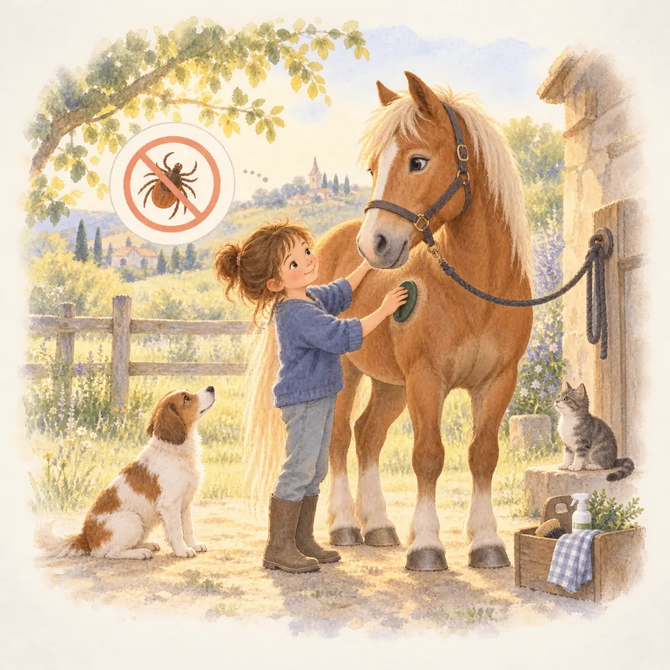 Une enfant brosse un poney palomino attaché près de l’écurie, sous un panneau montrant une tique barrée