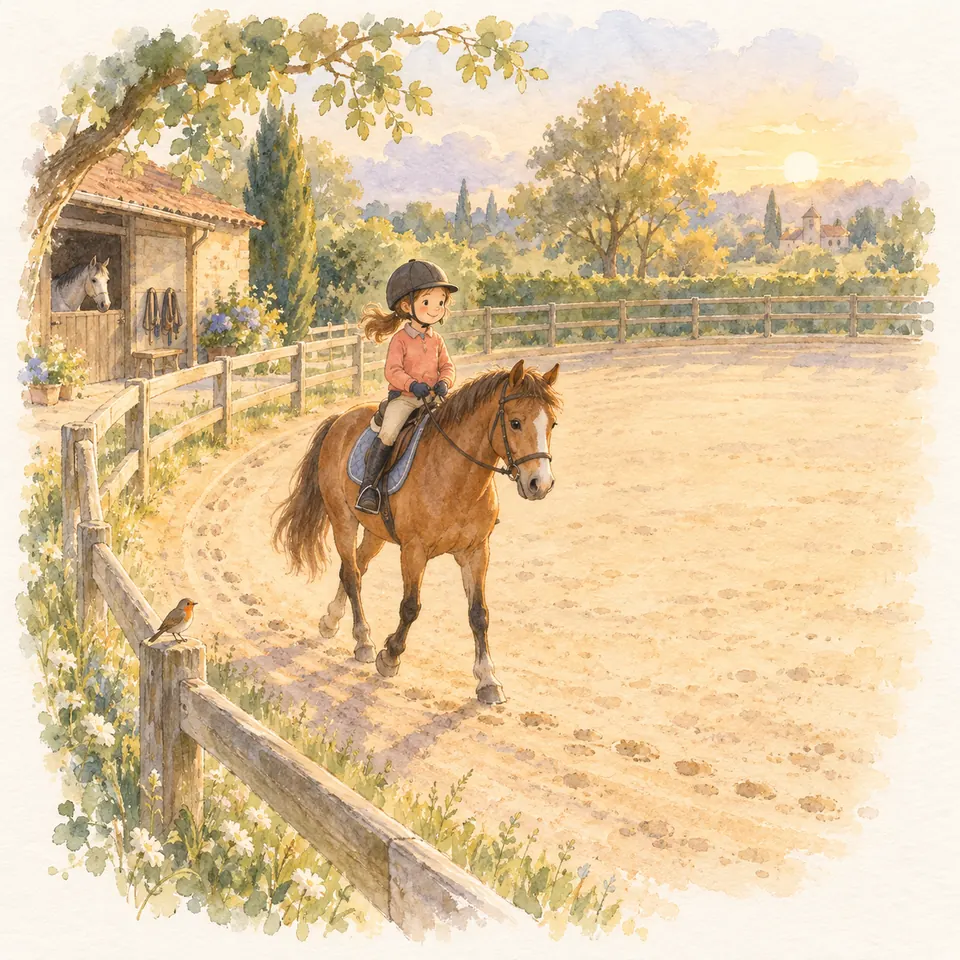 Une jeune cavalière monte un poney bai sur la piste le long de la clôture en bois d’une carrière