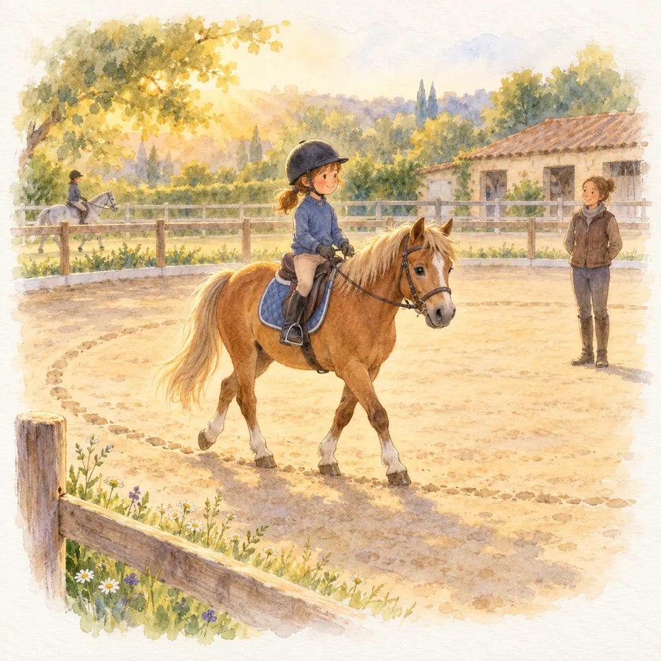 Une enfant monte un poney palomino sur une piste éloignée de la clôture, sous le regard d’une monitrice