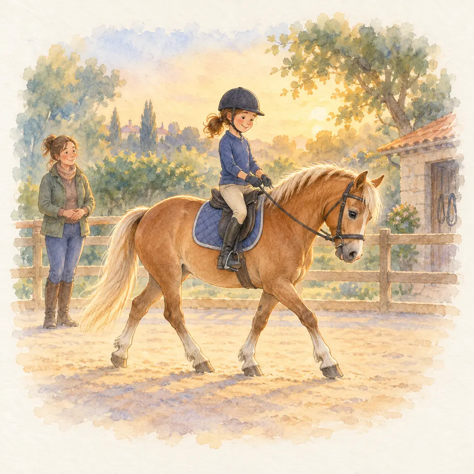 Une jeune cavalière tient les rênes d’un poney palomino à l’encolure fléchie, une monitrice à pied derrière eux