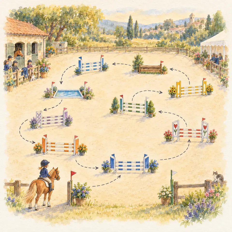 Une cavalière sur un poney palomino attend à l’entrée d’un parcours d’obstacles dont le tracé est indiqué par des flèches
