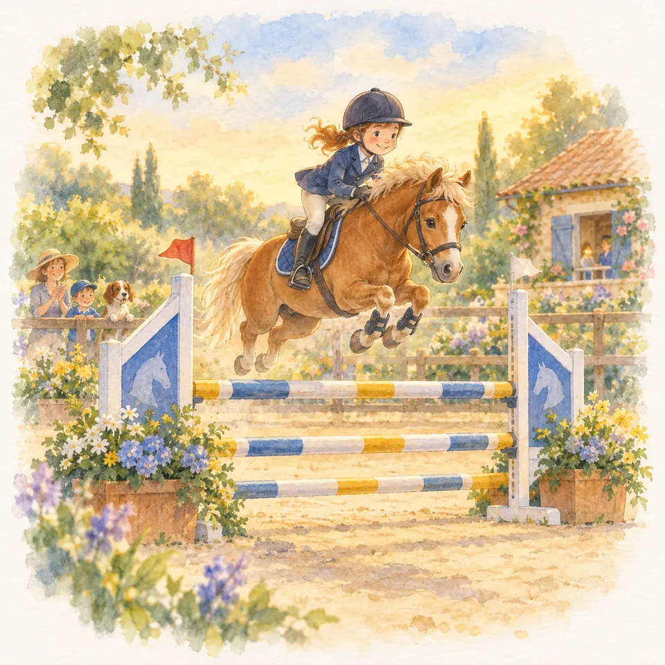 Une jeune cavalière et son poney palomino franchissent un obstacle bleu, blanc et jaune dans une carrière