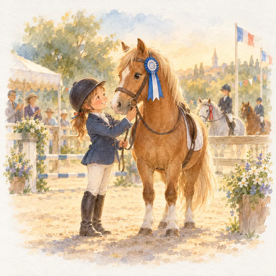 Une jeune cavalière caresse un poney palomino sellé, portant une cocarde bleue au bridon, dans une carrière