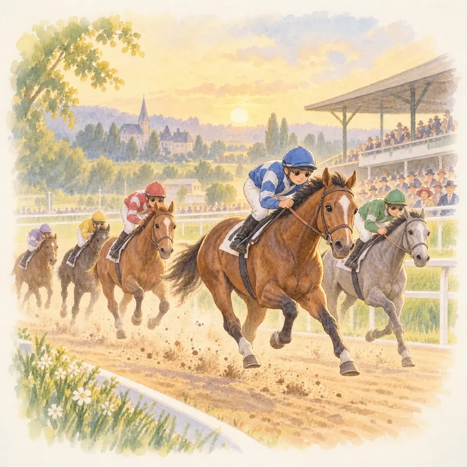 Des jockeys montés sur des chevaux bais et gris galopent sur la piste d’un hippodrome devant les tribunes