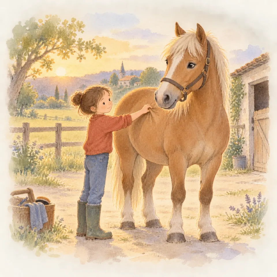 Une enfant pince un pli de peau sur l’encolure d’un poney palomino en licol dans la cour d’une écurie