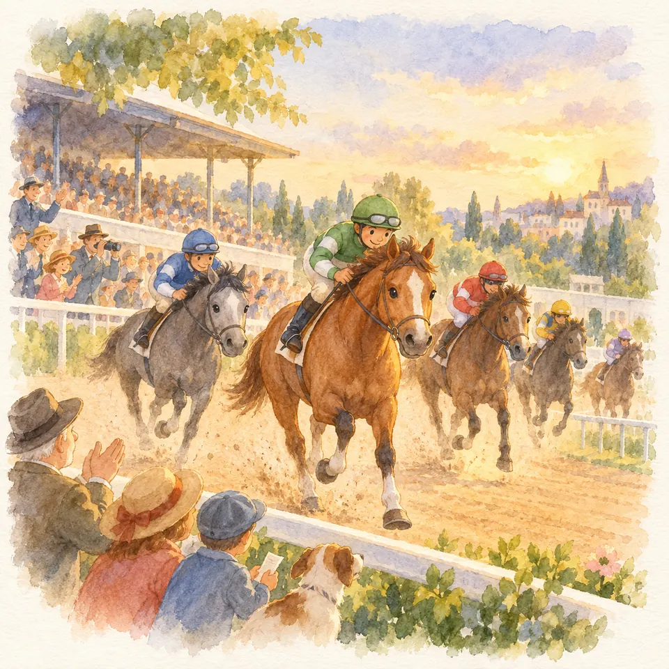 Des jockeys sur des chevaux bais et gris courent sur un hippodrome devant des spectateurs tenant des tickets