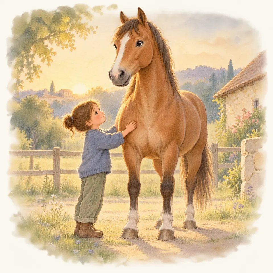 Une enfant pose la main sur le poitrail d’un cheval bai debout près d’une clôture et d’un bâtiment d’écurie