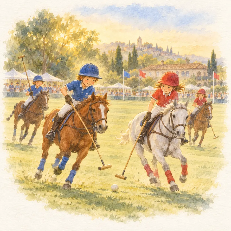 Des joueurs de polo sur des chevaux bais et gris dirigent leurs maillets vers une balle sur un terrain en herbe
