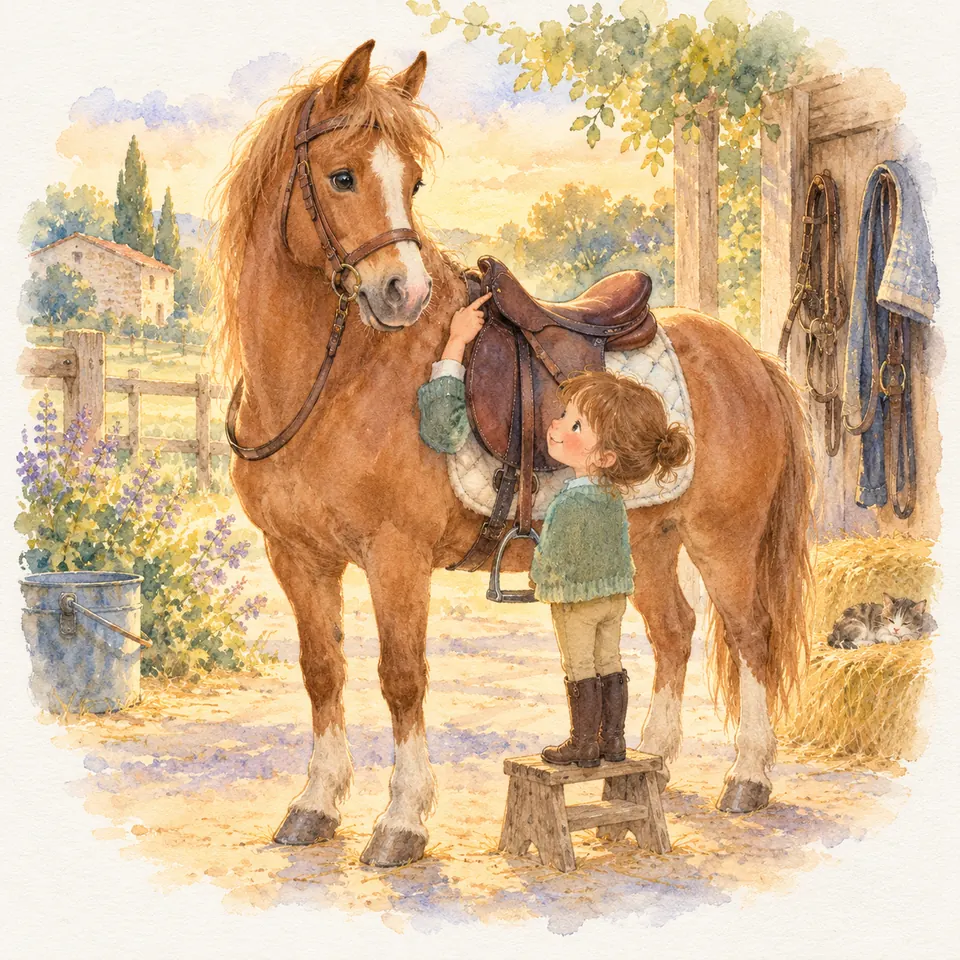 Une enfant debout sur un marchepied touche le pommeau de la selle d’un poney alezan devant l’écurie