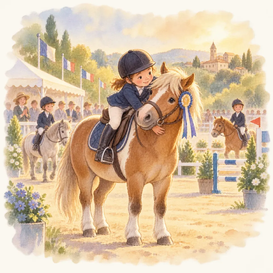 Une jeune cavalière se penche pour caresser un poney palomino portant un flot bleu lors d’un concours