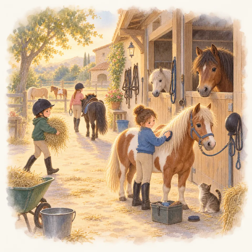 Une enfant brosse un poney pie alezan devant les boxes du poney-club, tandis qu’un autre enfant apporte du foin