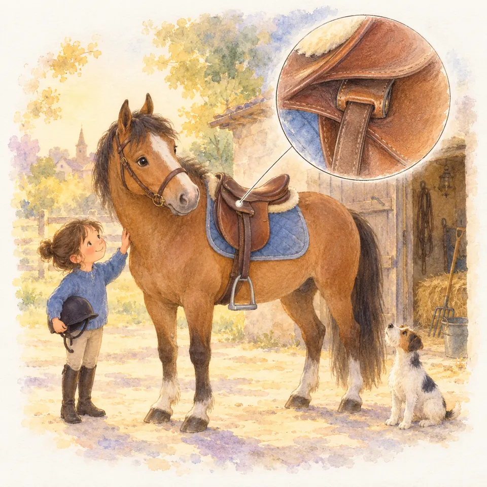 Une enfant caresse un poney bai sellé devant l’écurie, avec un détail du porte-étrivière et de sa fixation