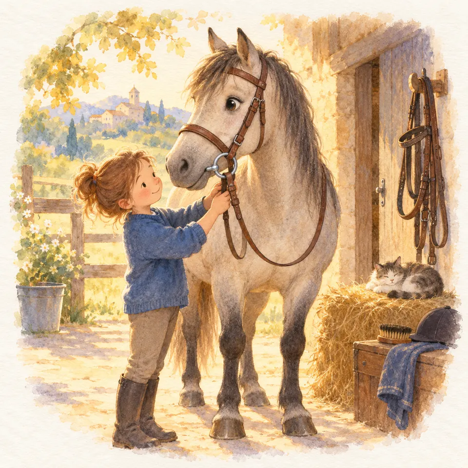 Une enfant manipule le montant du bridon près de l’anneau du mors d’un poney gris devant l’écurie