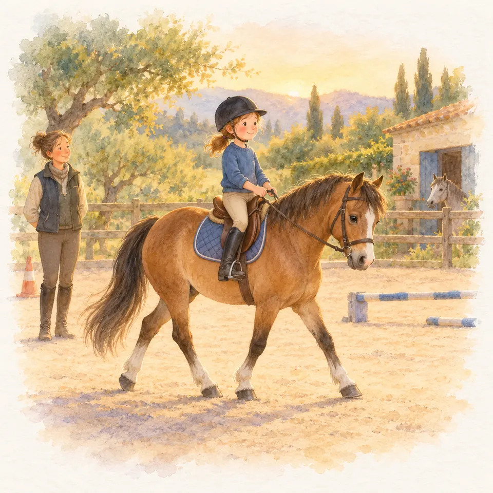 Une jeune cavalière reste assise dans sa selle sur un poney bai au pas dans la carrière, sous le regard d’une monitrice