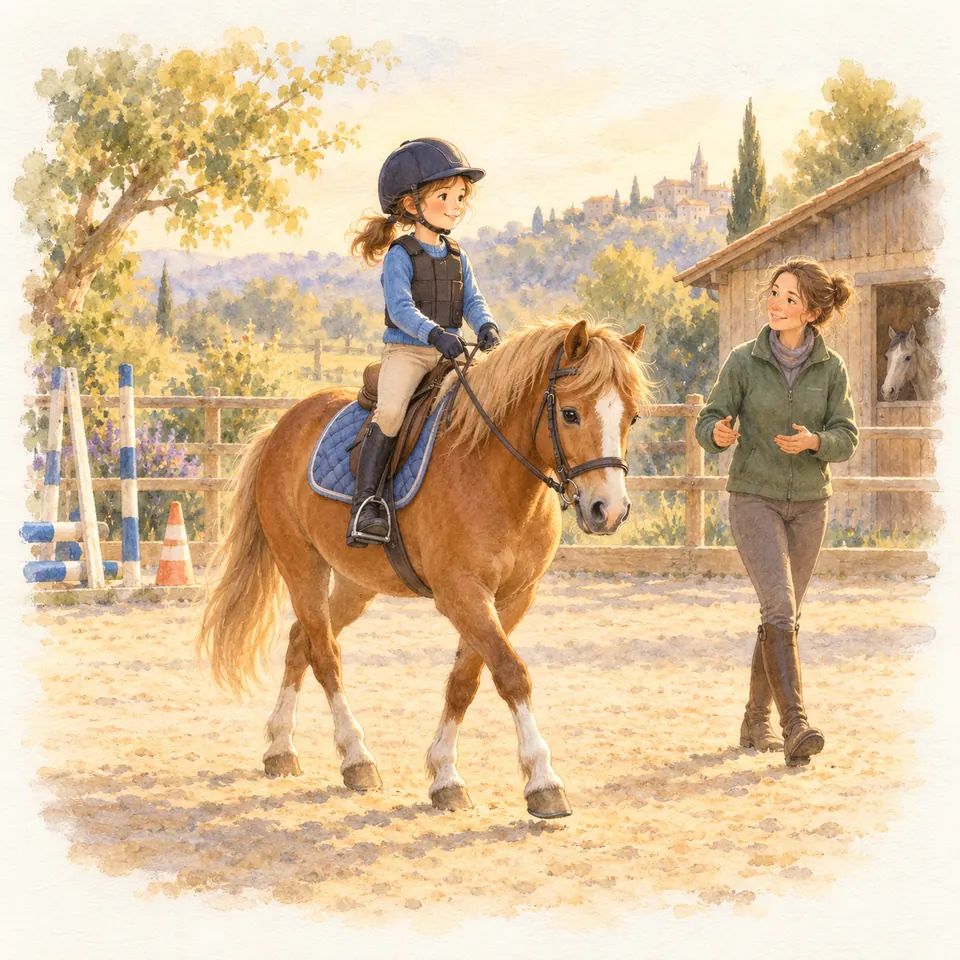 Une jeune cavalière se tient droite en selle sur un poney alezan dans la carrière, accompagnée d’une monitrice à pied