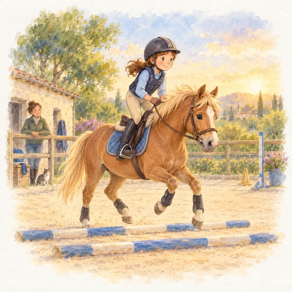 Une jeune cavalière se met en suspension sur un poney alezan franchissant des barres au sol dans la carrière