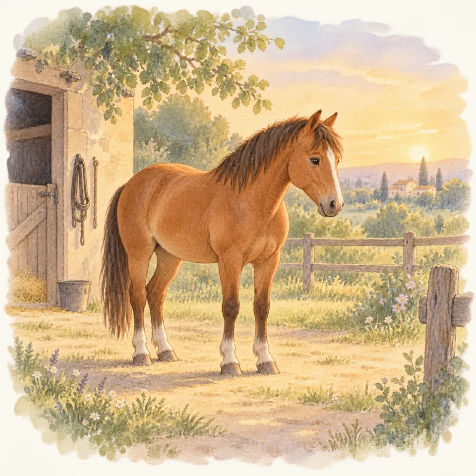 Un cheval bai se tient au repos, un postérieur fléchi, près d’une écurie ouverte et d’une clôture en bois