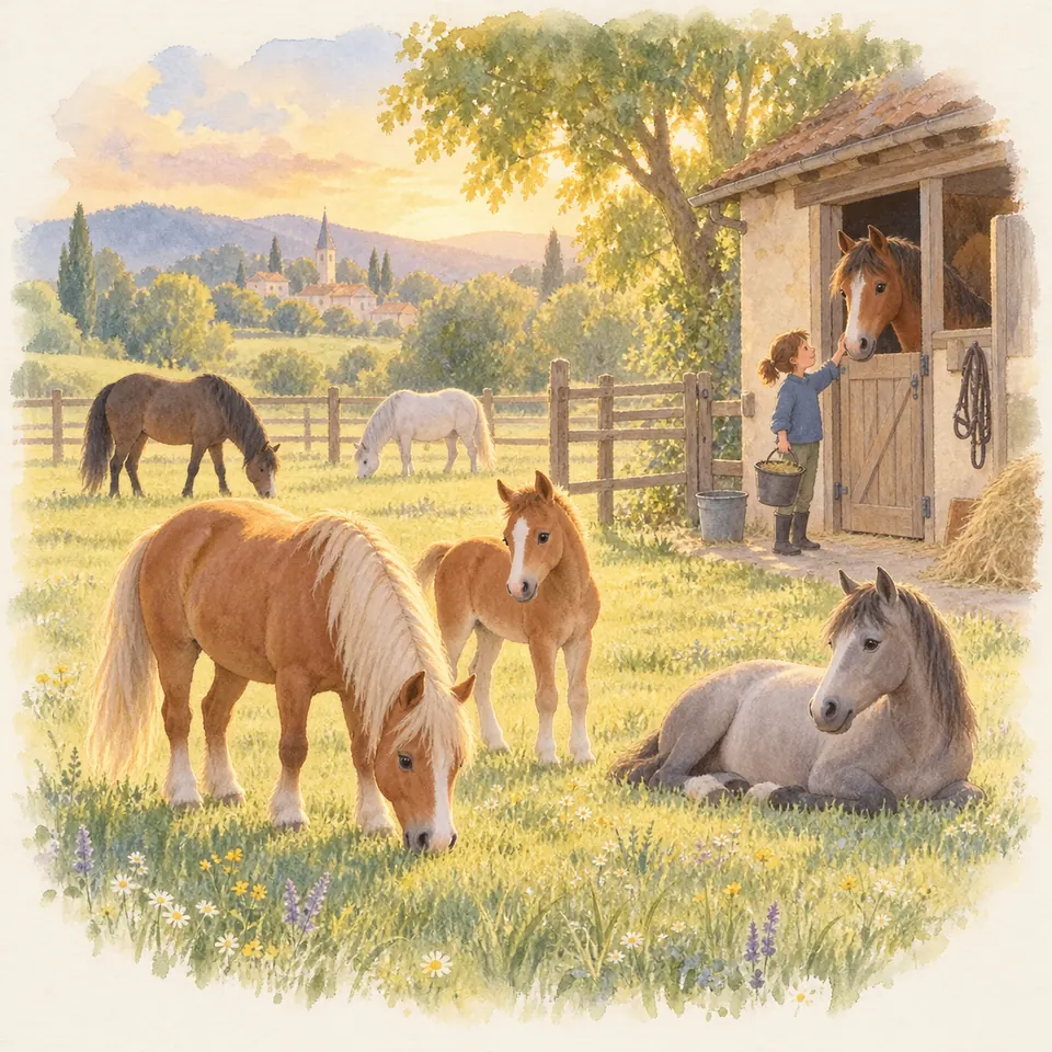 Des poneys broutent ou se reposent dans un pré clôturé, tandis qu’une enfant caresse un poney à la porte de l’écurie