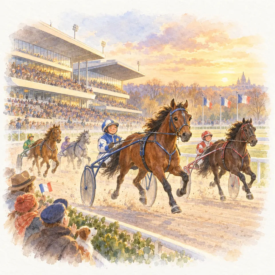 Des chevaux bais attelés à des sulkys courent au trot devant les tribunes remplies de spectateurs et les drapeaux français