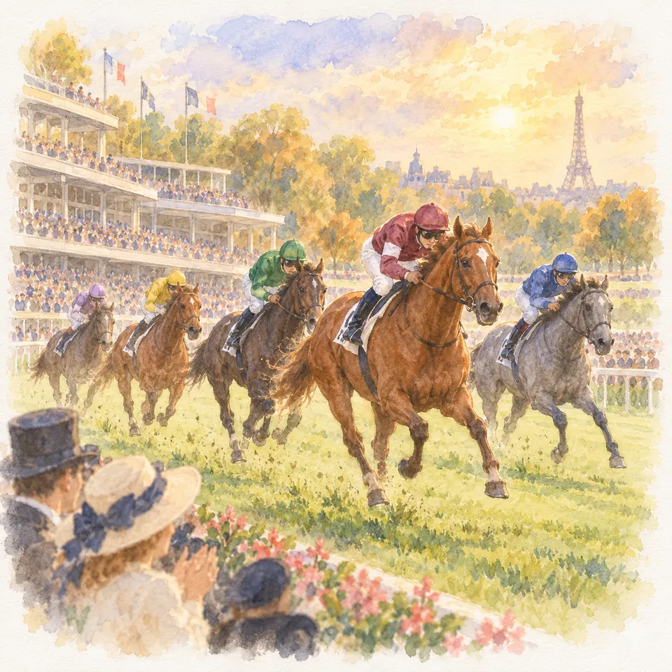 Des jockeys montent des chevaux alezans, bais et gris au galop sur une piste en herbe devant des tribunes bondées